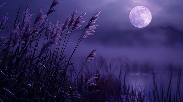 Deep purple hues engulf a moonlit meadow its grasses swaying in the gentle breeze as the full moon reflects in a nearby pond. . .