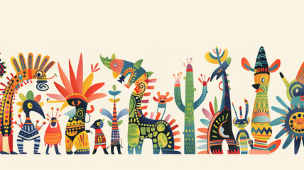 A playful illustration featuring a collection of Mexican folk art, including alebrijes (colorful mythical creatures), with a dedicated space at the bottom for text
