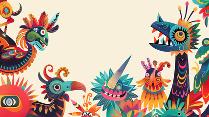 A playful illustration featuring a collection of Mexican folk art, including alebrijes (colorful mythical creatures), with a dedicated space at the bottom for text