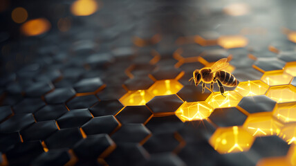 A sleek, modern 3D illustration featuring geometric honeycombs glowing softly, with a solitary bee silhouette casting a shadow, set against a clean, dark background to celebrate World Bee Day - obrazy, fototapety, plakaty