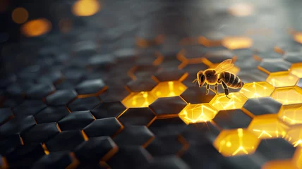 Foto op Plexiglas A sleek, modern 3D illustration featuring geometric honeycombs glowing softly, with a solitary bee silhouette casting a shadow, set against a clean, dark background to celebrate World Bee Day © praewpailyn