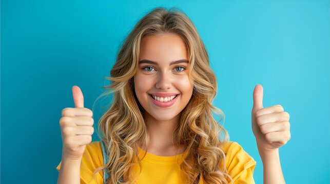 Photo of adorable confident lady dressed shirt showing two thumbs up isolated blue color background 