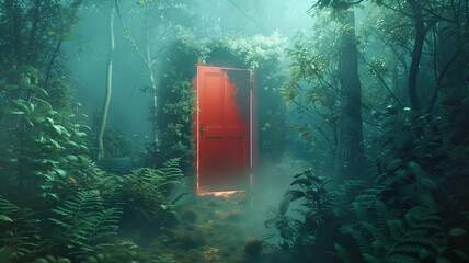 A whimsical door opens to a lush, otherworldly forest, where colors pop in a clean, minimalistic style - obrazy, fototapety, plakaty