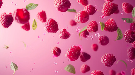 Various falling fresh ripe raspberries on light pink background,