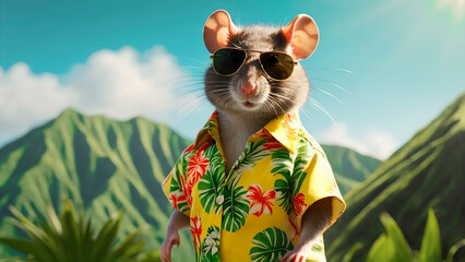 rat posing dressed in a flower shirt in spring summer to celebrate the holidays. Rat looking cute in a flower shirt with a nature and blue sky background. Holiday friendly animals concept
