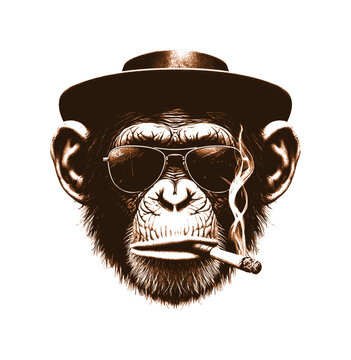 chimpanzee face, wear hat and glasses, grunge texture - brown on white background (artwork 3)