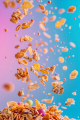 Fototapeta na wymiar Fresh Granola flakes falling in the air on pink background. Food zero gravity conception.