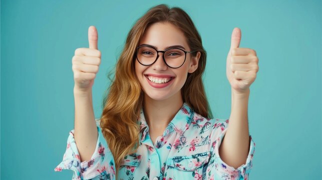 Photo of adorable confident lady dressed shirt showing two thumbs up isolated blue color background 