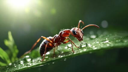 Visualize a close-up scene where ants diligently carry leaves back to their nests, illuminated by sunlight in the background. This image exemplifies the concept of teamwork as the ants work together h - Powered by Adobe