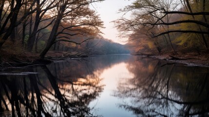 A calm river with clear reflections of the sky and trees