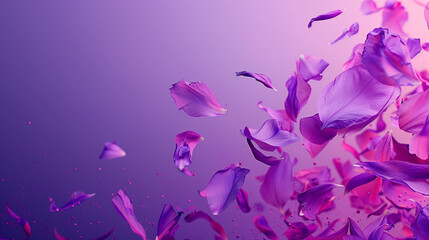Tender romantic background with flying flower petals, Magical flowery violet background