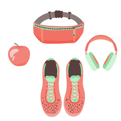Running equipment set flat design apple bag headphones
