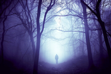 Mysterious dark forest with fog and a man in a hood. Generative Ai