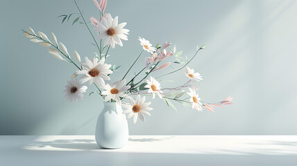 Minimal bouquet, floating, 3D, soft shadows, clean background, gentle hues, - obrazy, fototapety, plakaty