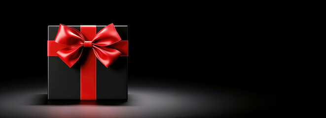 Black gift box with red bow on black background, panoramic layout. Generative Ai