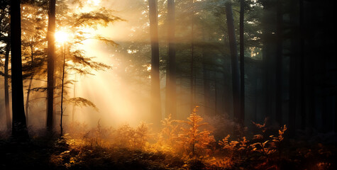 Foggy forest at sunrise, panoramic image. Generative Ai