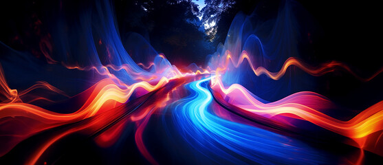 abstract scene of night road with neon lights and motion blur effect, panoramic image. Generative Ai