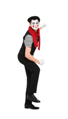 Funny mime artist in beret posing on white background