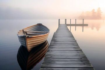 Foggy morning on the lake with wooden jetty and boat. Generative Ai - obrazy, fototapety, plakaty