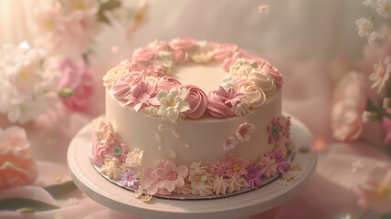 Mother's Day cake, simple design, 3D, pastel icing, soft light, clean backdrop,