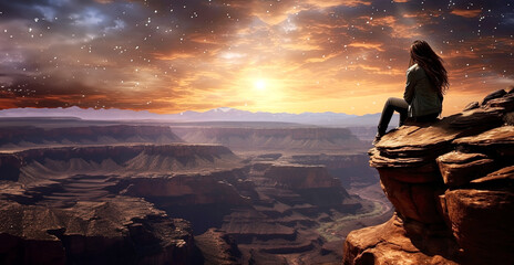 Young woman sitting on the edge of a cliff and looking at the sunset, panoramic layout. Generative Ai