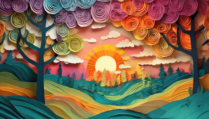 Colorful dreamscape with trees and a sunset, all made of paper cutouts 