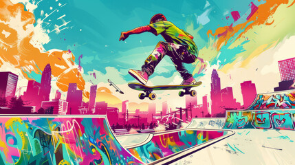 An urban skateboarder catches air while performing a stylish trick in a graffitied skate park...