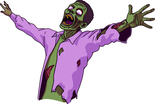 A colorful cartoon of a zombie with an outstretched hands dancing. Flat vector illustration.