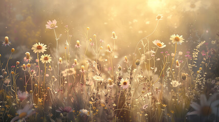 Softly illuminated meadow, wildflowers in bloom, perfect Mother's Day background illustration.
