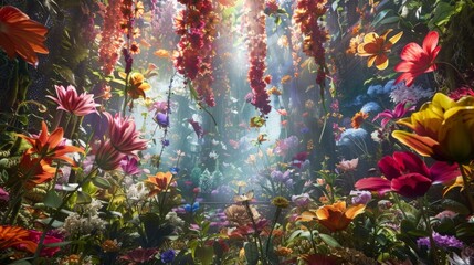 A flowerfilled paradise where colorful explosions of exotic blooms rain down from above. - obrazy, fototapety, plakaty