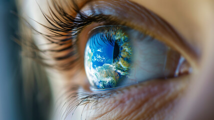 Surrealistic close-up of a volunteer's eye reflecting the planet, fantasy visions of change.