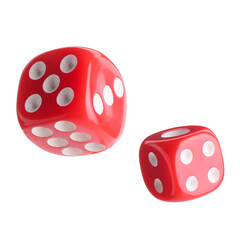 Two red dice in air on white background