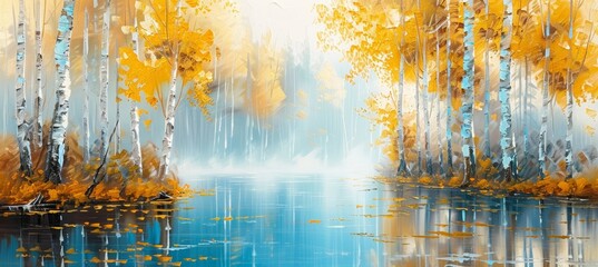 Abstract oil painting of birch trees with yellow leaves, lake and foggy forest landscape in soft...