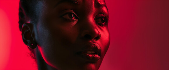 Close up studio portrait of beautiful black woman with scared sad emotional expression and red background with dramatic light