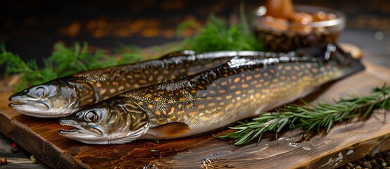 Freshly Caught Trout with Pine Needles on a Wooden Table Generative AI