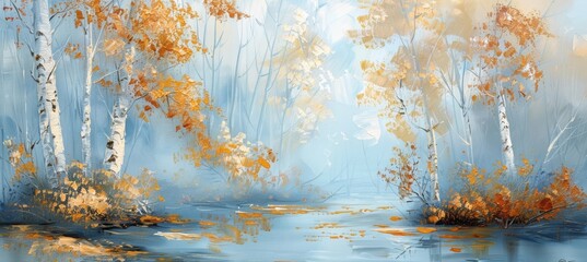 Abstract oil painting of birch trees with yellow leaves, lake and foggy forest landscape in soft blue color palette. Abstract art background wallpaper for home decor or wall decoration