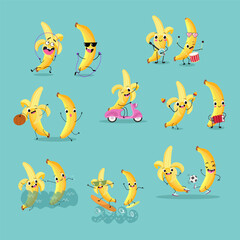 Cute bananas fruit characters set, collection. Flat vector illustration. Activities, playing musical instruments, sports, funny fruits.