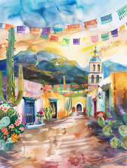 Watercolor Mexican landscape, Cinco de Mayo sunset celebration, with copy space.