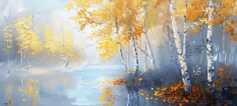 Abstract oil painting of birch trees with yellow leaves, lake and foggy forest landscape in soft blue color palette. Abstract art background wallpaper for home decor or wall decoration