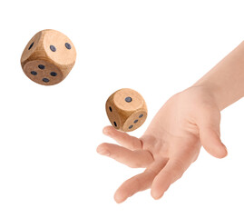 Woman throwing wooden dice on white background, closeup