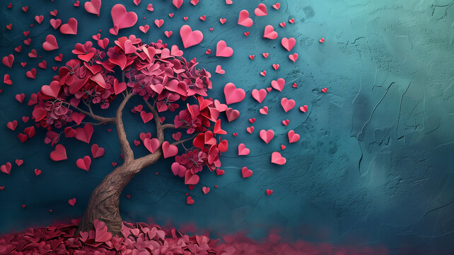 Whimsical tree of life, heart-shaped leaves, serene Mother's Day backdrop with space for messages.