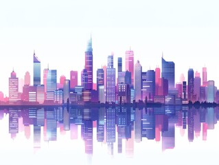 A vibrant cityscape at dusk, buildings cast in soft purples and blues reflecting a serene yet bustling urban life, white background, 2D flat design