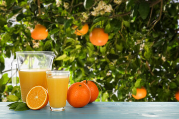 Fresh orange juice on light blue wooden table in orchard. Space for text