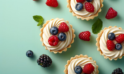 Delicious sand dough tartlets with vanilla cream swirl, blueberries, raspberries, strawberries,...