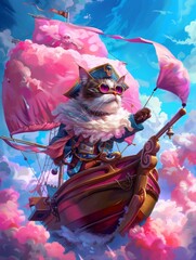 A villainous pirate cat, adorably menacing, aboard a colorful, candythemed ship sailing the cotton candy clouds