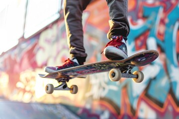 Actionpacked urban skateboarding, graffiti backdrop, showcasing skill, youth culture, and freedom