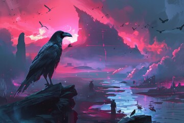 Cybernetic landscapes where Norse legends dwell, Odins ravens amidst neon runes, telling tales of old and new