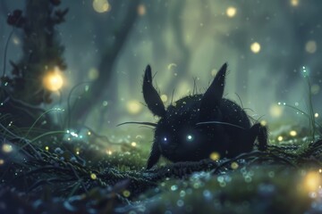 Cute yet sinister creature in a sparkling, ethereal forest, blending fantasy with a touch of darkness