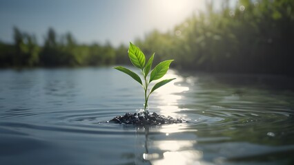 Tiny tree in water with sky and forest background