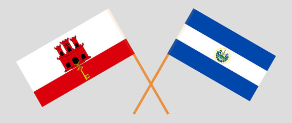 Crossed flags of Gibraltar and El Salvador. Official colors. Correct proportion